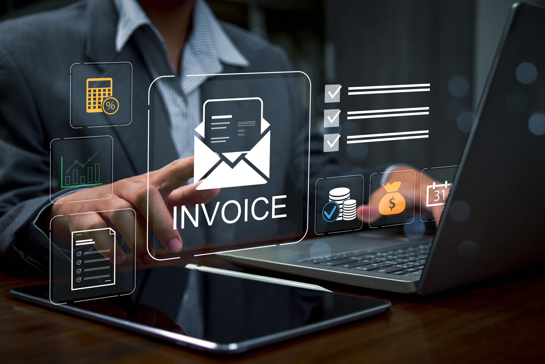 E-invoice and online digital statements concept. Digital Invoice Approval and Payment in Accounts Payable, managing online billing, payments, accounting, and financial data analytics.
