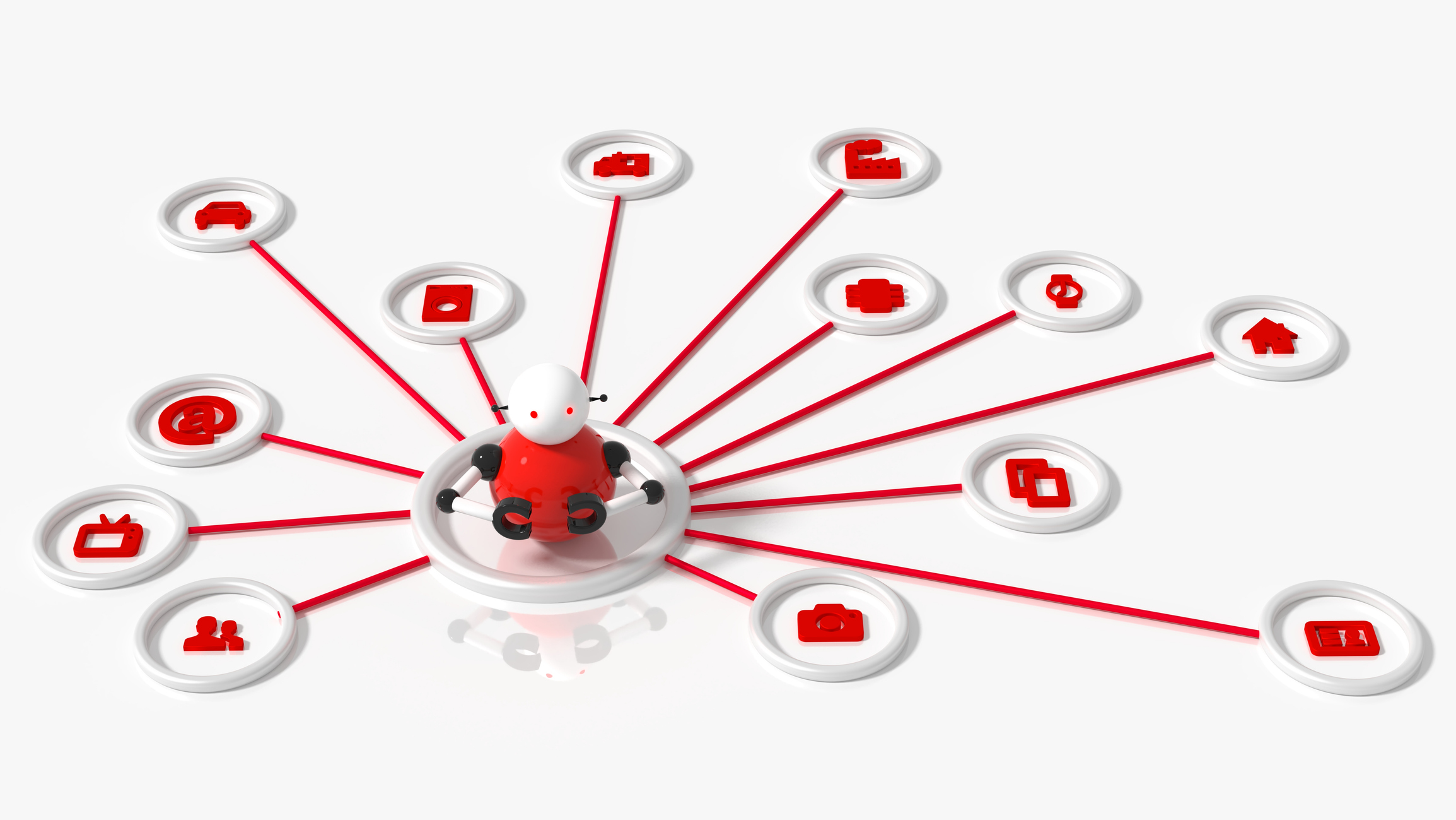Single robot in the center of a network connected to IOT icons cybersecurity botnet concept 3D illustration